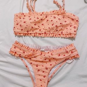 shein pink flower swimsuit set with ruffles